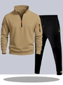 Ensemble sweat kaki à demi-zip et pantalon noir avec poches tactiques à fermeture orange - S / Haut Et Bas / Haut Kaki avec Pantalon Noir