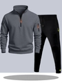 Survêtement de sport gris foncé pour homme avec zip orange et pantalon noir - S / Haut Et Bas / Gris Foncé et Pantalon Noir