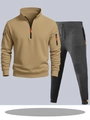 Survêtement homme kaki avec pantalon gris foncé et détails de fermeture éclair orange - S / Haut Et Bas / Haut Kaki avec Pantalon Gris Foncé