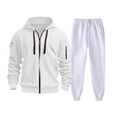 White tracksuit set with hooded zip jacket and joggers featuring orange zipper detail - S / White