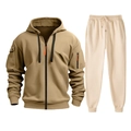 Men's two-piece tracksuit with khaki full-zip hoodie and beige drawstring joggers set - S / Khaki