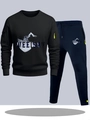 Heren trainingspak in zwart met blauwe grafische prints en gele ritsaccenten - S / Boven- En Onderstuk / Zwarte Top met Marineblauwe Broek