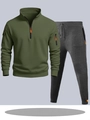 Ensemble de sport pour hommes avec sweat demi-zip vert armée et pantalon gris foncé - S / Haut Et Bas / Vert Armée Et Gris Foncé