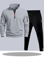 Survêtement homme avec sweat gris clair à demi-zip et pantalon noir aux détails colorés - S / Haut Et Bas / Haut Gris Clair et Pantalon Noir