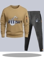 Heren set: khaki sweatshirt en donkergrijze joggingbroek met bergprint en ritszak aan zijkant - S / Boven- En Onderstuk / Khaki Top met Donkergrijze Broek