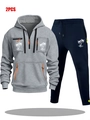 Vue détaillée du sweat gris avec zips orange, imprimé palmier et pantalon bleu marine - M / Haut Et Bas / Haut Gris Clair et Pantalon Bleu Marine