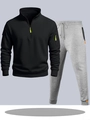 Détail du survêtement homme avec fermetures éclair fluo sur le sweat à capuche et jogging - S / Haut Et Bas / Noir Et Gris Clair
