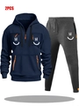 Detail of navy hoodie with smiling face prints on pockets and orange zippers - S / Navy Blue Top with Dark Gray Pants