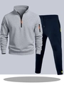 Ensemble jogging homme sweat gris à demi-zip orange et pantalon de sport bleu marine - S / Haut Et Bas / Haut Gris Clair et Pantalon Bleu Marine