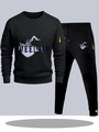 Heren sportpak in zwart met berg-print en neongele ritssluiting accenten voor heren - S / Boven- En Onderstuk / Zwart