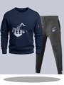Navyblauw heren trainingspak met oranje details en grijze joggingbroek sportset - S / Boven- En Onderstuk / Marineblauwe Top met Donkergrijze Broek