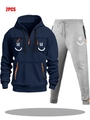 Men's navy hoodie and light gray jogger tracksuit set with orange zipper accents - S / Navy Blue Top with Light Gray Pants