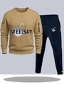 Heren trainingspak set met kaki sweatshirt, bergprint en donkerblauwe sportbroek - S / Boven- En Onderstuk / Khaki Top met Marineblauwe Broek