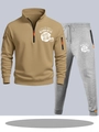 Detail of khaki half-zip hoodie and grey sweatpants featuring functional pocket and orange zipper - S / Top And Bottom / Khaki And Light Grey