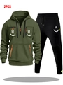 Olive green hoodie and black pants tracksuit set with smiling face graphics - S / Dark Green And Black Pants