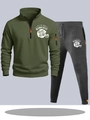 Detail of army green pullover with contrast zipper and dark grey joggers set - S / Top And Bottom / Army Green And Dark Grey