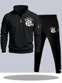 Detail of black tracksuit featuring a quarter-zip collar and helmet graphic print - S / Top And Bottom / Black