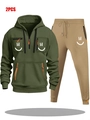 Olive green men's hooded tracksuit with multi-zipper pockets and white smiley face detail - S / Dark Green And Khaki Pants