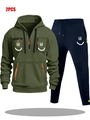 Men's olive hoodie set with zip pockets, orange drawstrings and white smile details - S / Dark Green And Navy Pants