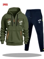 Ensemble homme sweat à capuche vert olive et pantalon bleu avec multi-poches - M / Haut Et Bas / Vert Foncé et Pantalon Marine