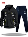 Men's two-piece tracksuit featuring a black half-zip hoodie and navy blue joggers - S / Black Top with Navy Blue Pants