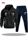 Ensemble sweat à capuche noir et pantalon bleu marine pour homme avec détails jaune fluo - M / Haut Et Bas / Haut Noir avec Pantalon Bleu Marine