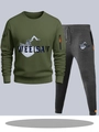 Heren sportset met olijfgroene hoodie en donkergrijze joggingbroek met print - S / Boven- En Onderstuk / Legergroen En Donkergrijs