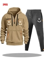 Khaki hooded sweatshirt and dark grey joggers set with smile logo and zipper pockets - S / Khaki Top with Dark Gray Pants