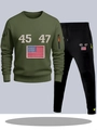 Detail of olive green sweatshirt with 45 47 print and zipper sleeve utility pocket - S / Army Green Top with Black Pants