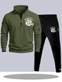 Men's sports tracksuit with army green zip hoodie and black joggers featuring graphic print - S / Army Green Top with Black Pants