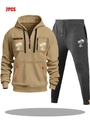 Ensemble sweat à capuche kaki avec poches zippées et imprimés de palmiers - M / Haut Et Bas / Haut Kaki avec Pantalon Gris Foncé
