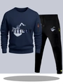 Navy sweatshirt en zwarte joggingbroek set met bergprint en ritsdetails voor heren - S / Boven- En Onderstuk / Marineblauw met Zwarte Broek