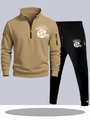 Men's khaki half-zip hoodie and black joggers set with rugby prints and sleeve pocket - S / Khaki Top with Black Pants