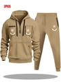 Men's khaki hooded tracksuit 2-piece set featuring functional orange zipper pockets - S / Khaki