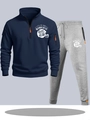 Navy half-zip hoodie and grey joggers sports set with helmet graphic and orange detail - S / Navy Blue Top with Light Gray Pants