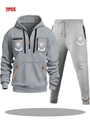 Gray men's tracksuit set with orange zippers and smile graphics, 2-piece hooded sweatshirt - S / Light Gray