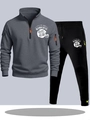 Men's grey half-zip tracksuit set with orange zipper accents and football print - S / Dark Gray And Black Pants