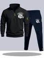 Men's sports tracksuit featuring black zip-up hoodie and dark blue joggers with festive print - S / Top And Bottom / Black Top with Navy Blue Pants