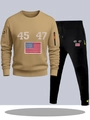 Men's two-piece tracksuit with khaki crewneck sweatshirt and black joggers featuring flags - S / Khaki Top with Black Pants