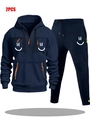 Men's navy tracksuit set with hoodie and joggers featuring a white smiley print design - S / Navy Blue