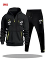 Survêtement homme noir avec détails zippés vert fluo et graphismes de palmier blanc - M / Haut Et Bas / Noir