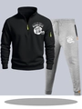 Men's sport set with black quarter-zip hoodie and grey joggers featuring graphic prints - S / Top And Bottom / Black And Light Grey