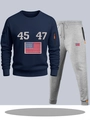 Navy blue zip hoodie and grey joggers sports suit set with 45 47 graphic print design - S / Navy Blue Top with Light Gray Pants