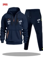 Survêtement homme bleu foncé avec fermetures éclair orange et motif palmier blanc - M / Haut Et Bas / Bleu marine