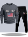 Men's dark grey hooded tracksuit with zippered sleeve pocket and numbered print - S / Dark Gray And Black Pants