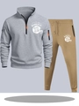 Men's sports set with grey quarter-zip hoodie and khaki joggers featuring rugby graphics - S / Top And Bottom / Light Gray & Khaki