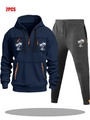 Ensemble sweat à capuche bleu marine pour hommes avec poches zippées et motif de palmier - M / Haut Et Bas / Haut Bleu Marine avec Pantalon Gris Foncé