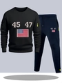 Men's athletic tracksuit set featuring black zip sweatshirt and navy blue joggers with 45 47 print - S / Top And Bottom / Black Top with Navy Blue Pants