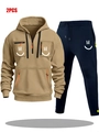 Men's khaki half-zip hooded sweatshirt and navy blue joggers set with smiley graphic - S / Khaki Top with Navy Blue Pants