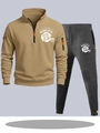 Men's two-piece tracksuit featuring khaki zip-up hoodie and dark grey sweatpants - S / Top And Bottom / Khaki Top with Dark Gray Pants